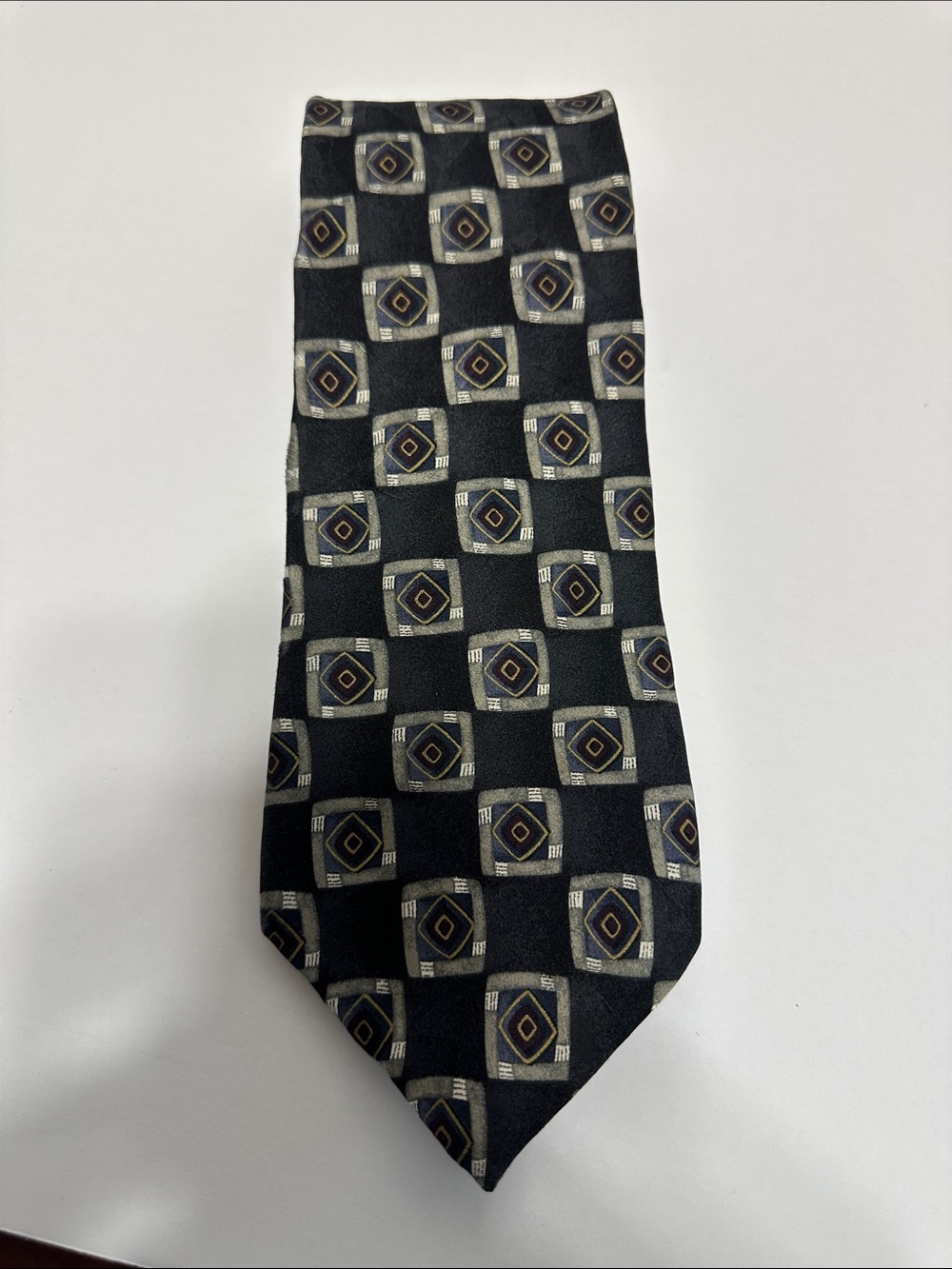 Mulberry Black Geometric Silk-Blend Navy Tie with Burgundy and Gray Accents